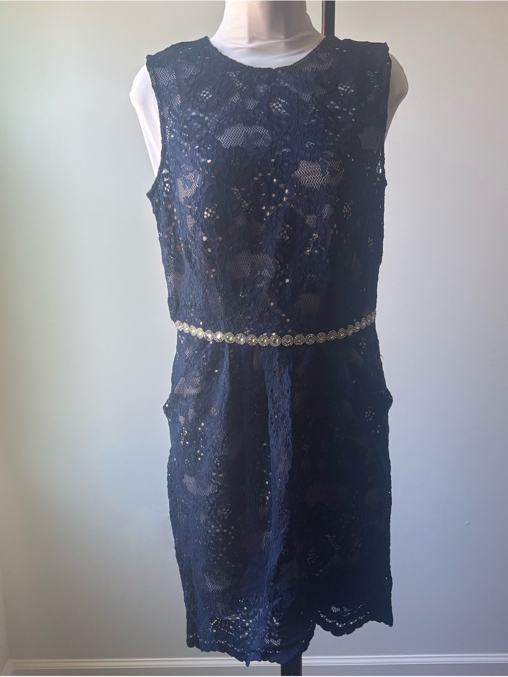 City Triangles Navy Lace A-Line Dress Size 10 Sleeveless Pockets